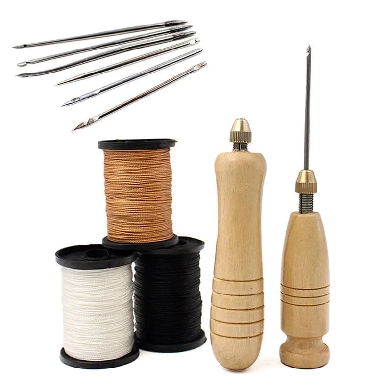 Set 1 Pezzo Ago da Cucito in Pelle Fai-da-te con Manico in Legno, Kit Riparazione Pelle Tela Tende Scarpe, con Filo in Nylon