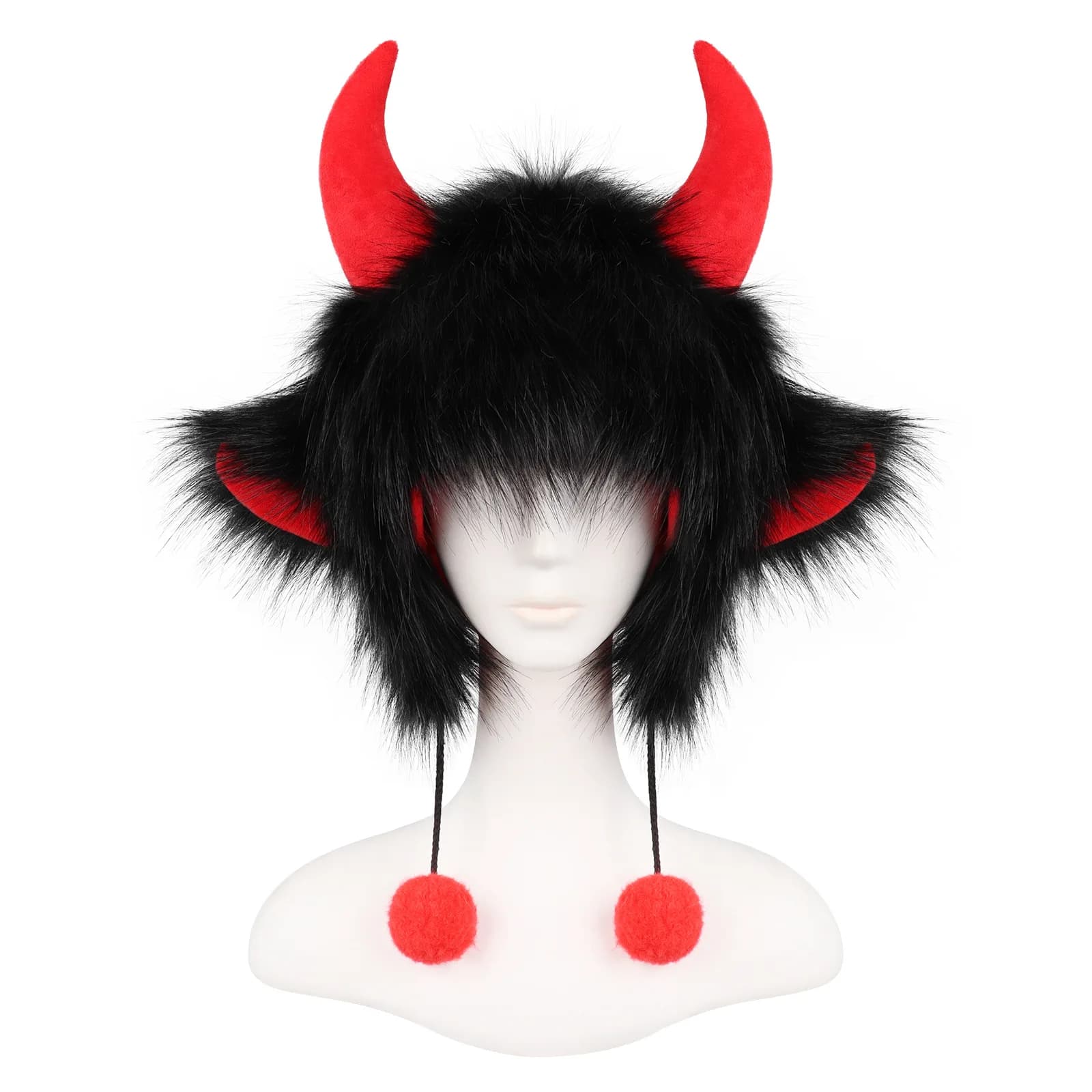 Quirky Bull Horn Plush Hat Winter Windproof Cold-proof Warm Cap With Ear Protection Halloween Cosplay Costume Accessory