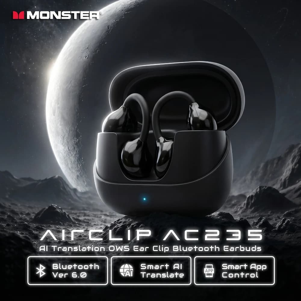 Monster AC235 Traduttore AI OWS Auricolari a Clip Traduzione in Tempo Reale Bluetooth 6.0 Cuffie HiFi Stereo TWS Wireless
