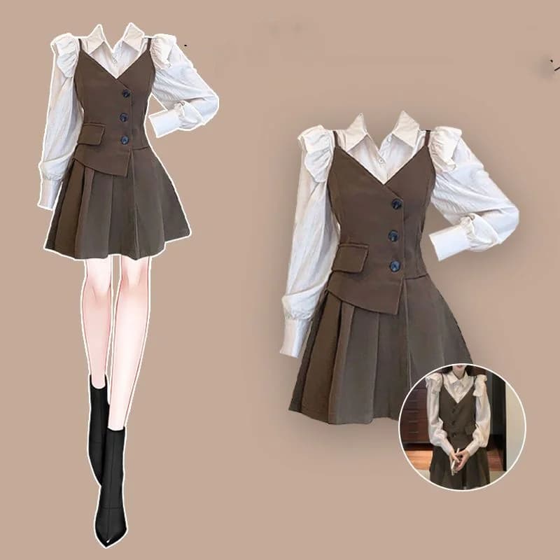 Camicetta stile Preppy da donna in generale Mini abiti 2024 primavera autunno nuova camicia di moda top vestito con cinturino sottile set di due pezzi