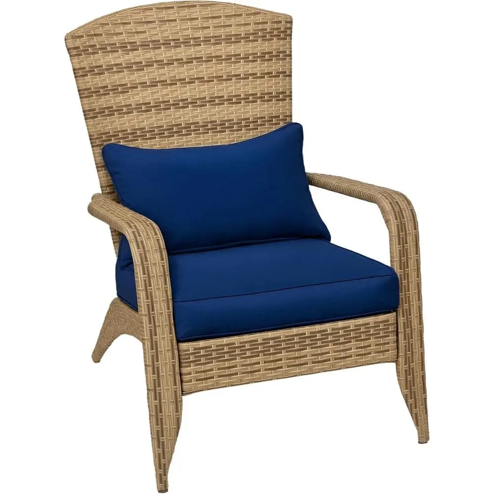 Sedia Adirondack in vimini per patio, sedia da esterno in rattan resistente alle intemperie con cuscini, schienale alto curvo e comoda seduta