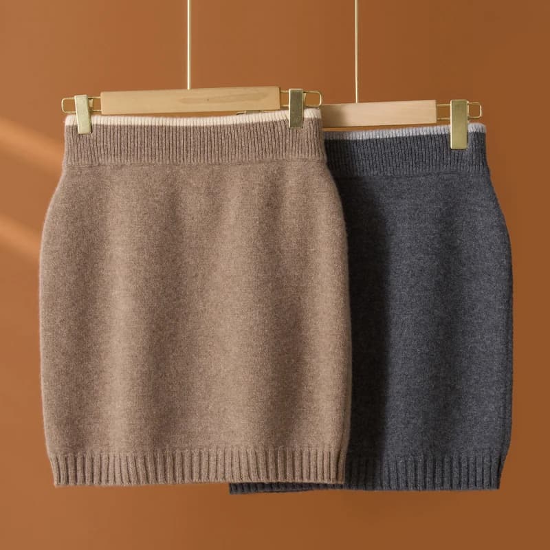 Gonna aderente piatta ispessita per le donne Autunno Inverno 100% lana merino lavorata a maglia Mezza gonna Versatile gonna corta elastica in vita