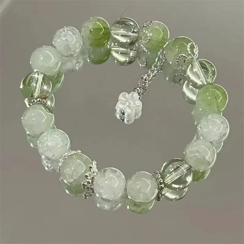 Bracciale coreano con ciondolo a forma di fiori dolci e carini per donna, bracciale con catena di perline in vetro di cristallo verde, gioielli Y2k, regali