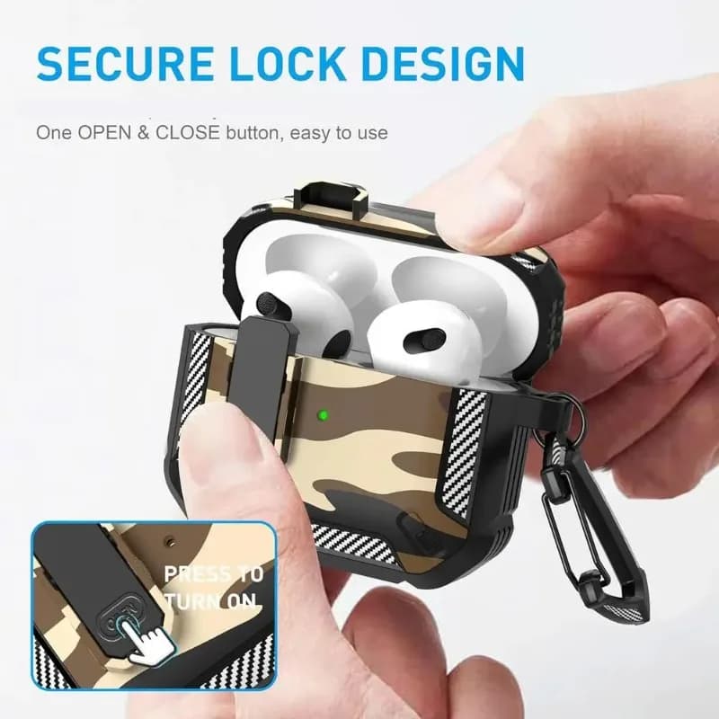 Anti-Drop Shockproof Camouflage AirPods Case, Durable Full Protective Shell with Carabiner Lock for AirPods 1 2 3 4 Pro 1 2.