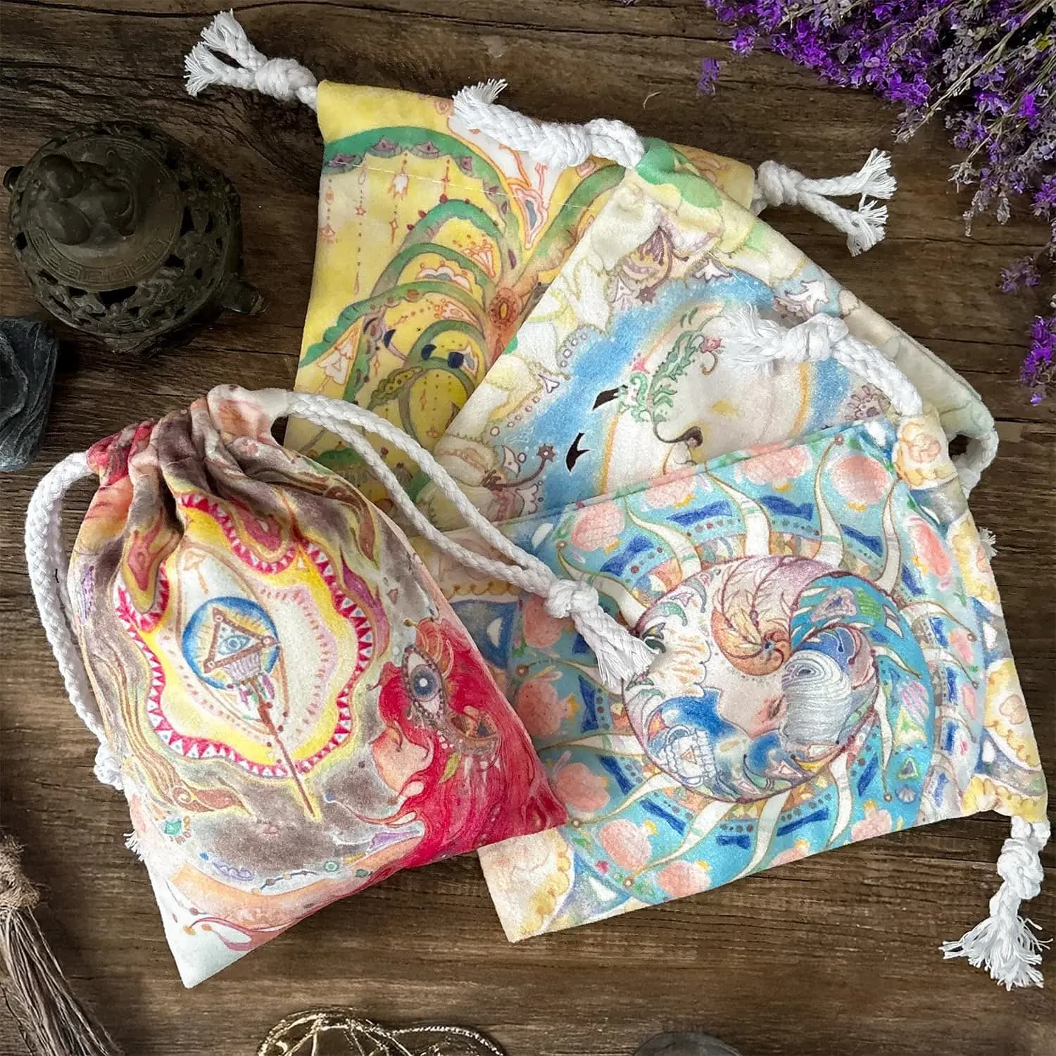 [12 pezzi] Borse regalo stampate da sogno per yoga, meditazione, decorazioni festive, divinazione, astrologia, carte dei tarocchi, borse portaoggetti di piccole dimensioni