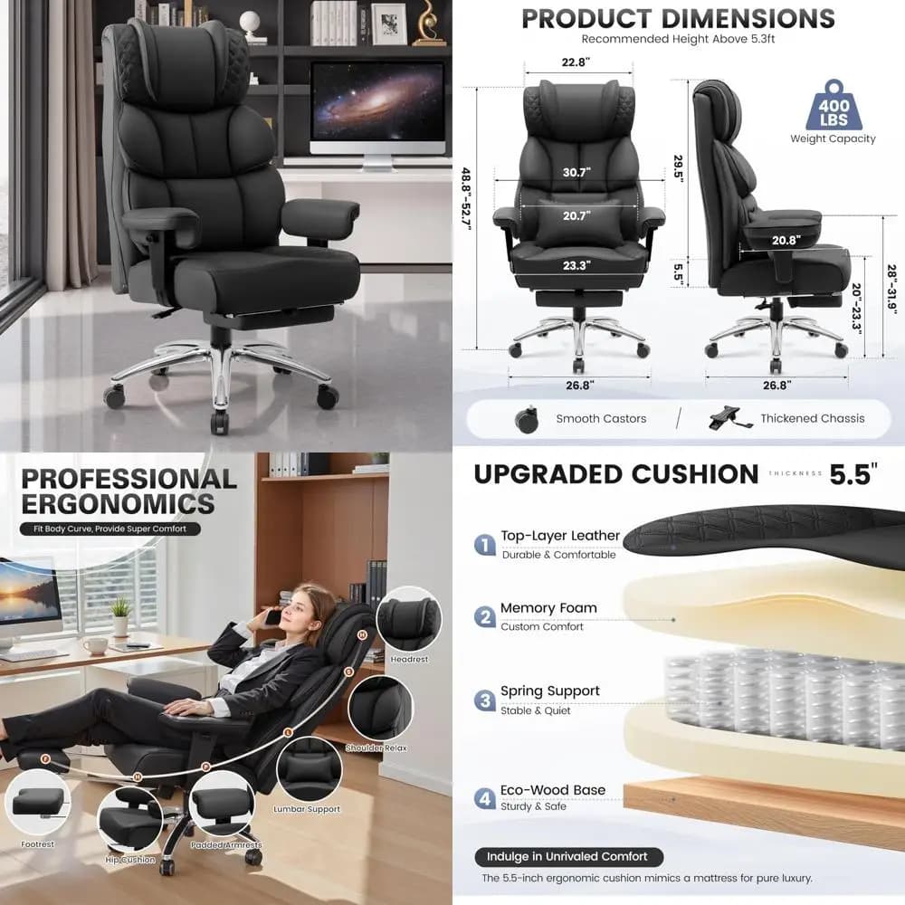 Sedia da gioco ergonomica reclinabile grande e alta in pelle con schienale alto e poggiapiedi per un comodo uso in scrivania da ufficio