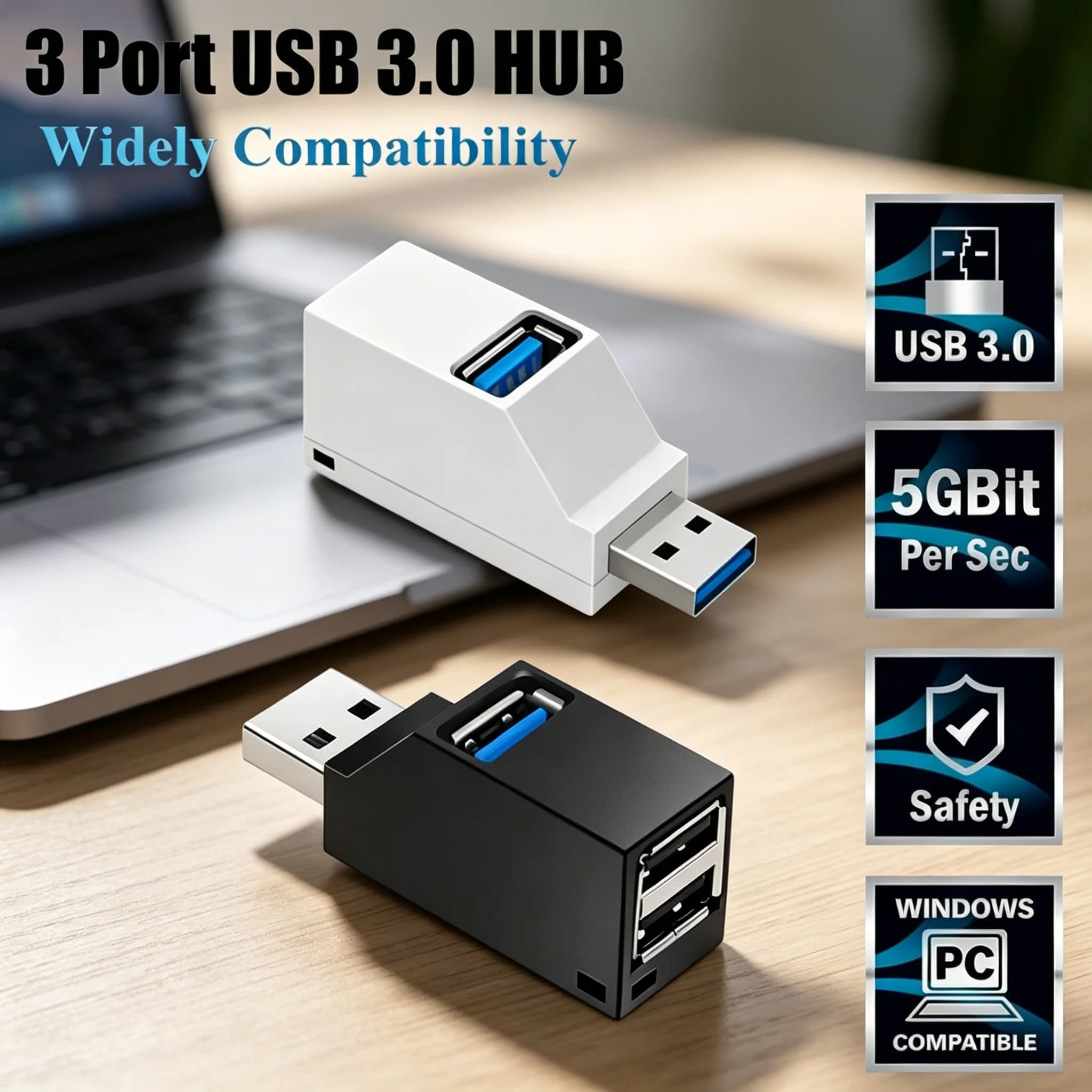 180° Rotatable USB Hub Splitter, 3 Ports USB3.0/2.0 High Speed Data Transfer Multi Port Expander, Portable Mini USB Dock Station