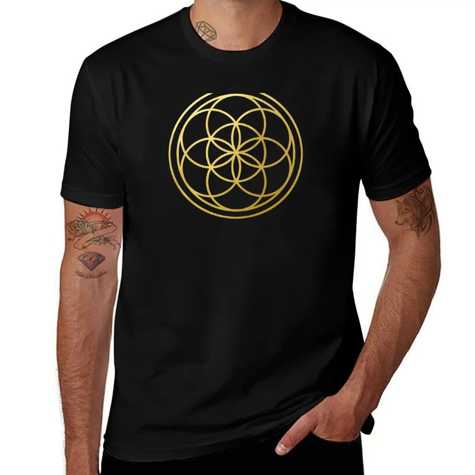 The Seed of life gold sacred geometry mandala esoteric symbol flower of life T-Shirt Large Size Breathable Tee T-Shirt