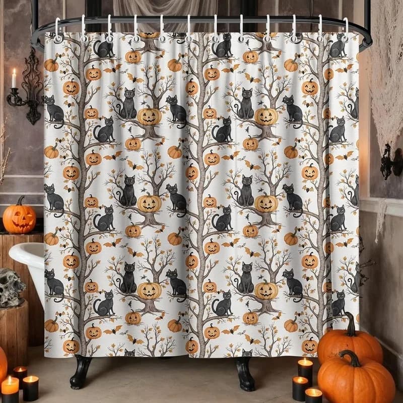 White Bathtub Shower Curtain Retro Bare Tree Black Cat Pumpkin Bat Halloween Bathroom Decor No Drilling with 12 Hooks