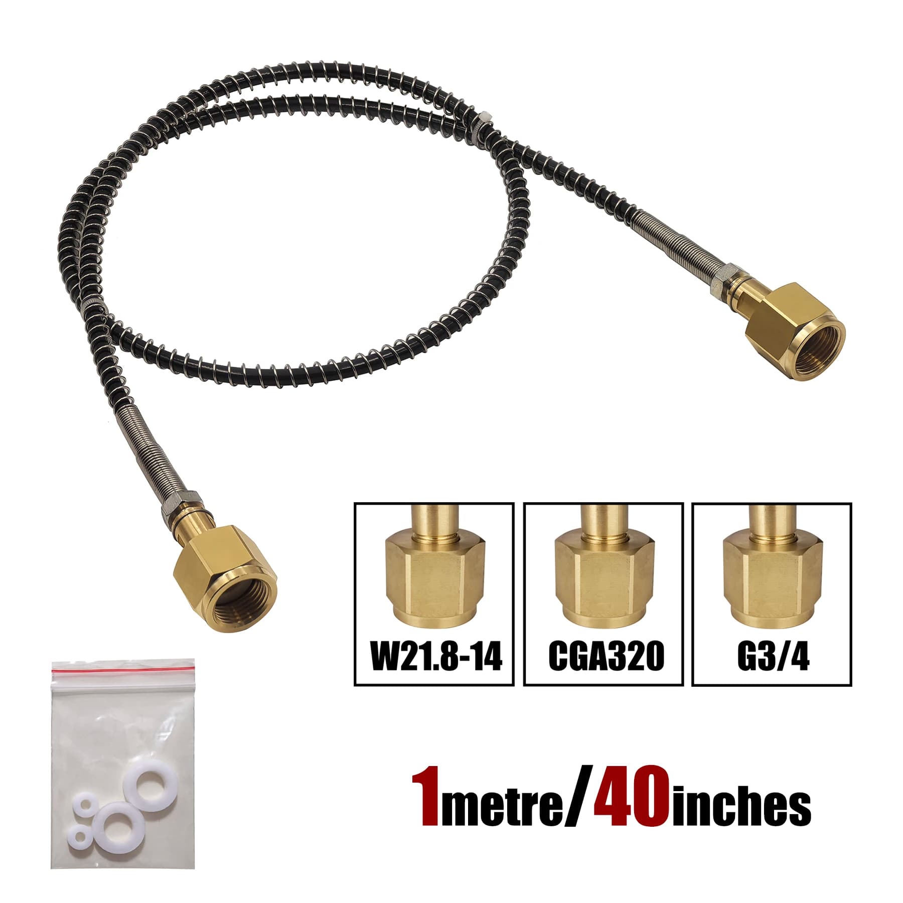 Adattatore di riempimento CO2 Stazione di ricarica per riempimento Connettore adattatore di ricarica W21.8, CGA320, G3/4 con tubo di copertura a molla da 40 pollici/1 metro