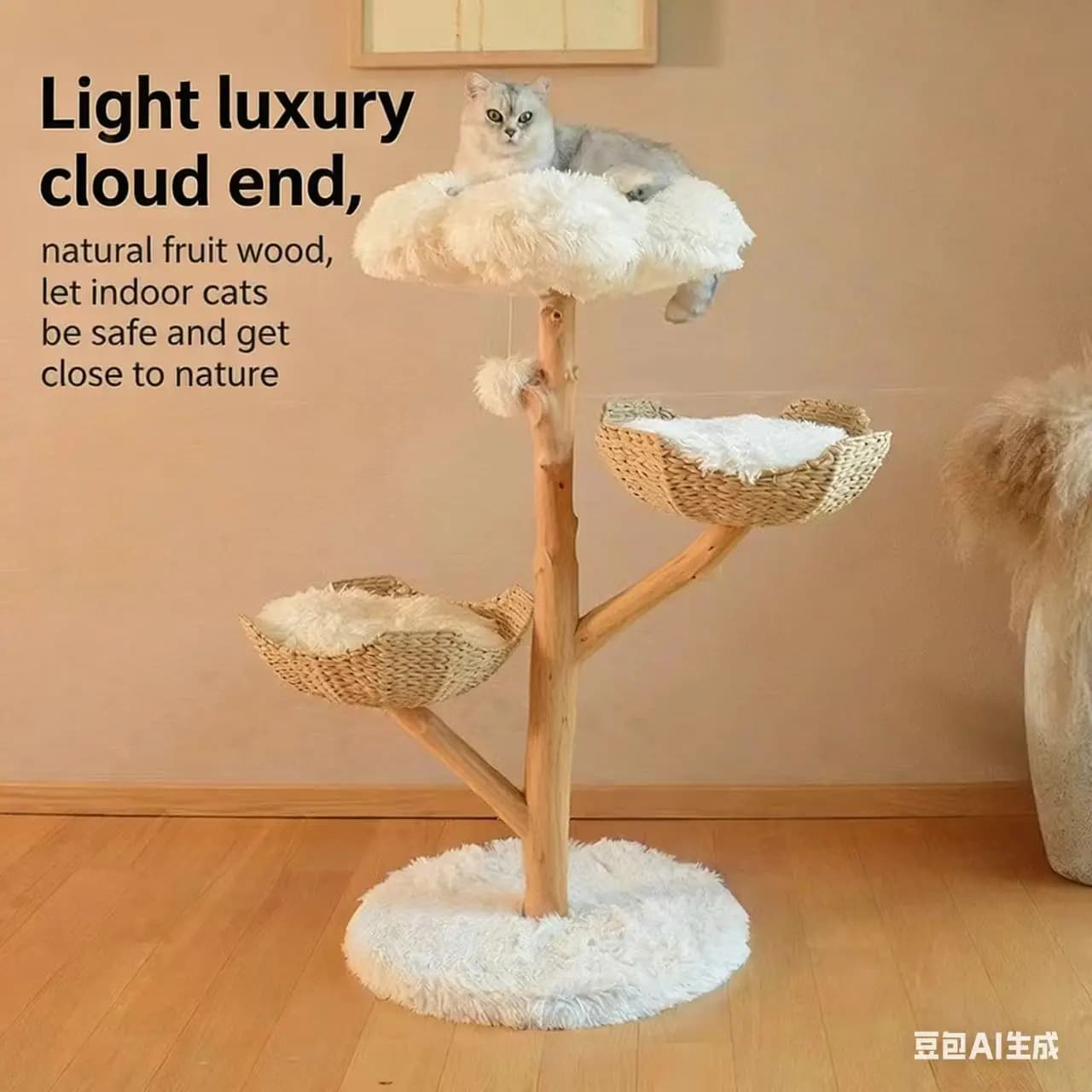 Tiragraffi per gatti in legno naturale, cuccia per gatti in rattan massiccio, albero per gatti, spazio tutto in uno per gatti di piccola e grande taglia