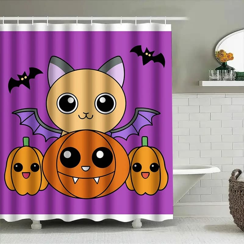 Tuniu Tenda da doccia con pipistrello di zucca simpatico cartone animato per bambini Decorazione da bagno per bambini di Halloween