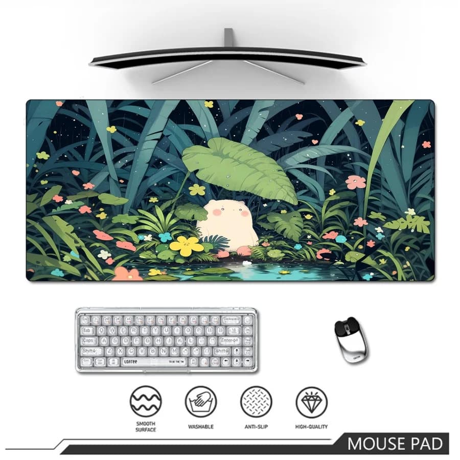Tappetino per mouse da gaming XXL, tappetino per tastiera da ufficio, protezione per scrivania, design Kawaii con gatto e piante anime