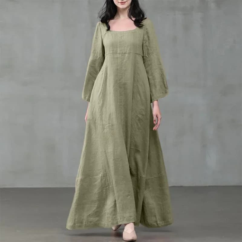 Vintage women's dress in cotton and linen with square collar, long sleeved, sunbathing, wide party dresses for woman, casual dress