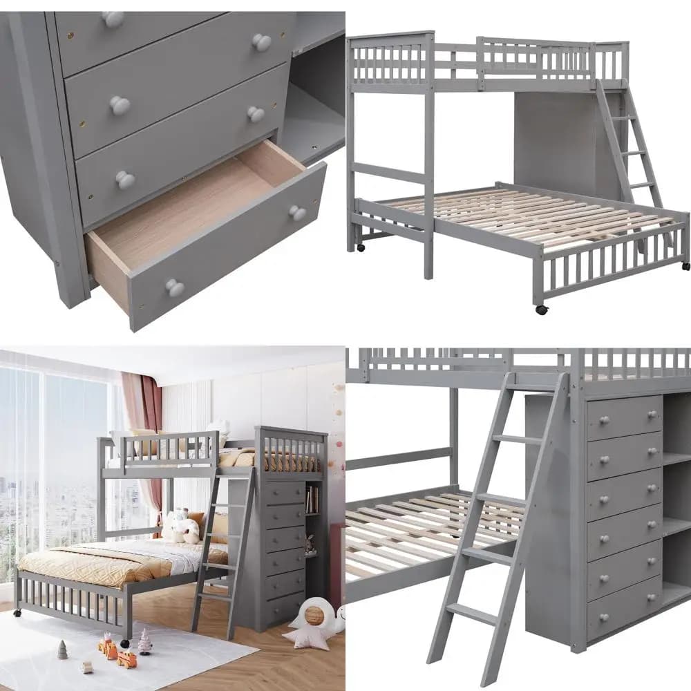 Letto a Castello Grigio con Letto Singolo Sopra e Letto Matrimoniale, con Spazio di Stoccaggio, Scaffali, Ruote, Sponde di Sicurezza e Scala per Bambini e Adolescenti - Non Richiede Rete a Doghe
