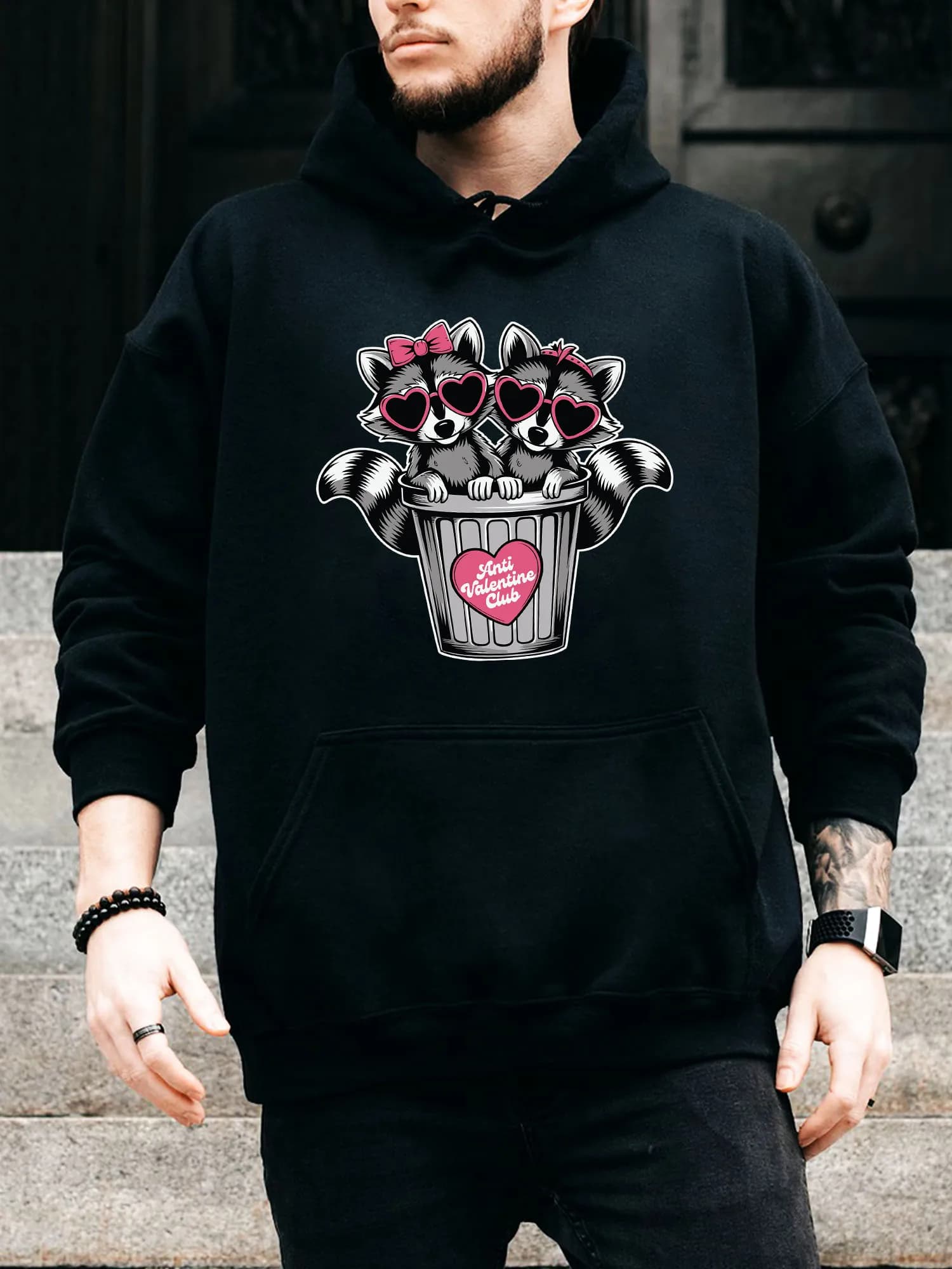 Men's hooded sweatshirt with Anti Valentine Club Raccoon - Black casual and comfortable pullover, hooded sweatshirt autumn and winter