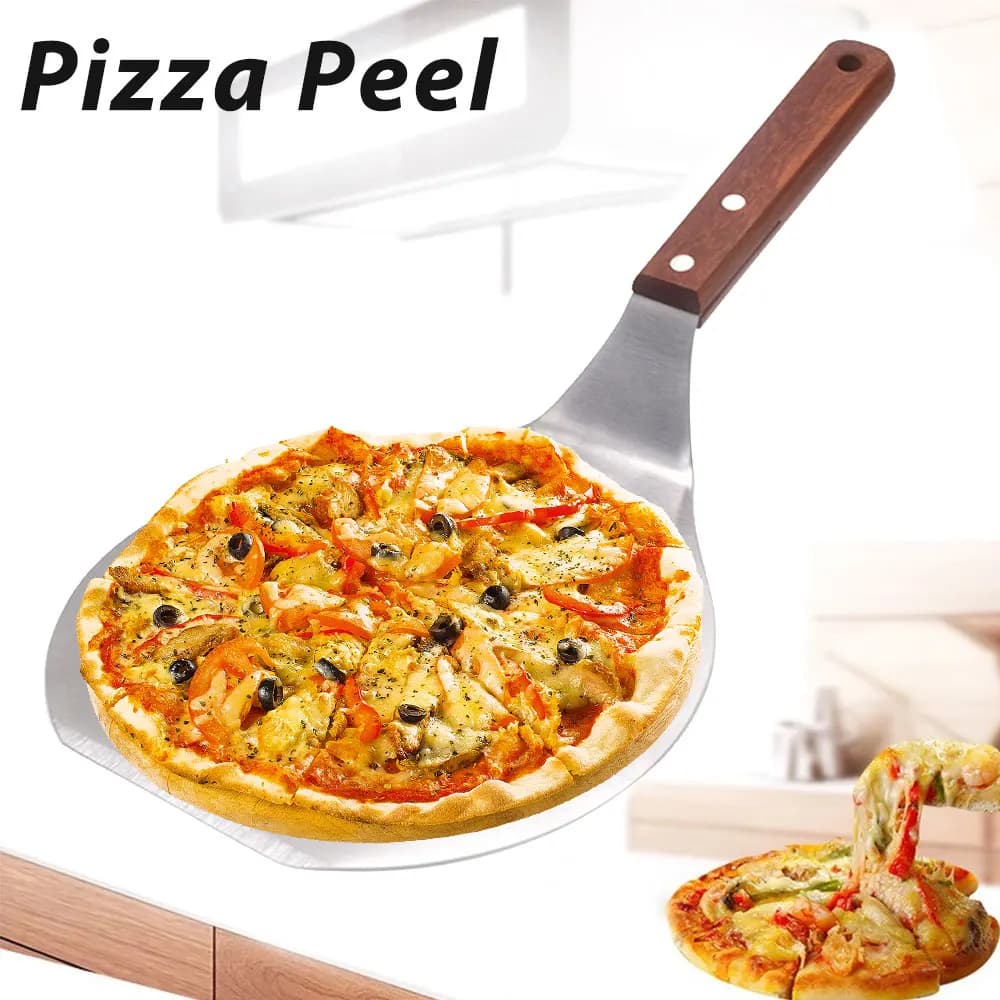 Spatola per Pizza rotonda in metallo con pala per Pizza in acciaio inossidabile con manico in legno vassoio per trasferimento sollevatore per torta pala per Pizza