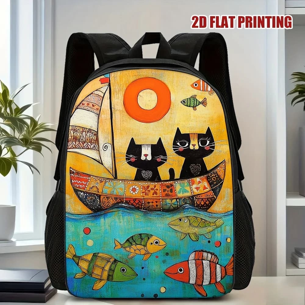 1 large capacity Cat Adventure Fleet backpack - design with 2D graphics print, black cat pattern, sailboat and fish, light