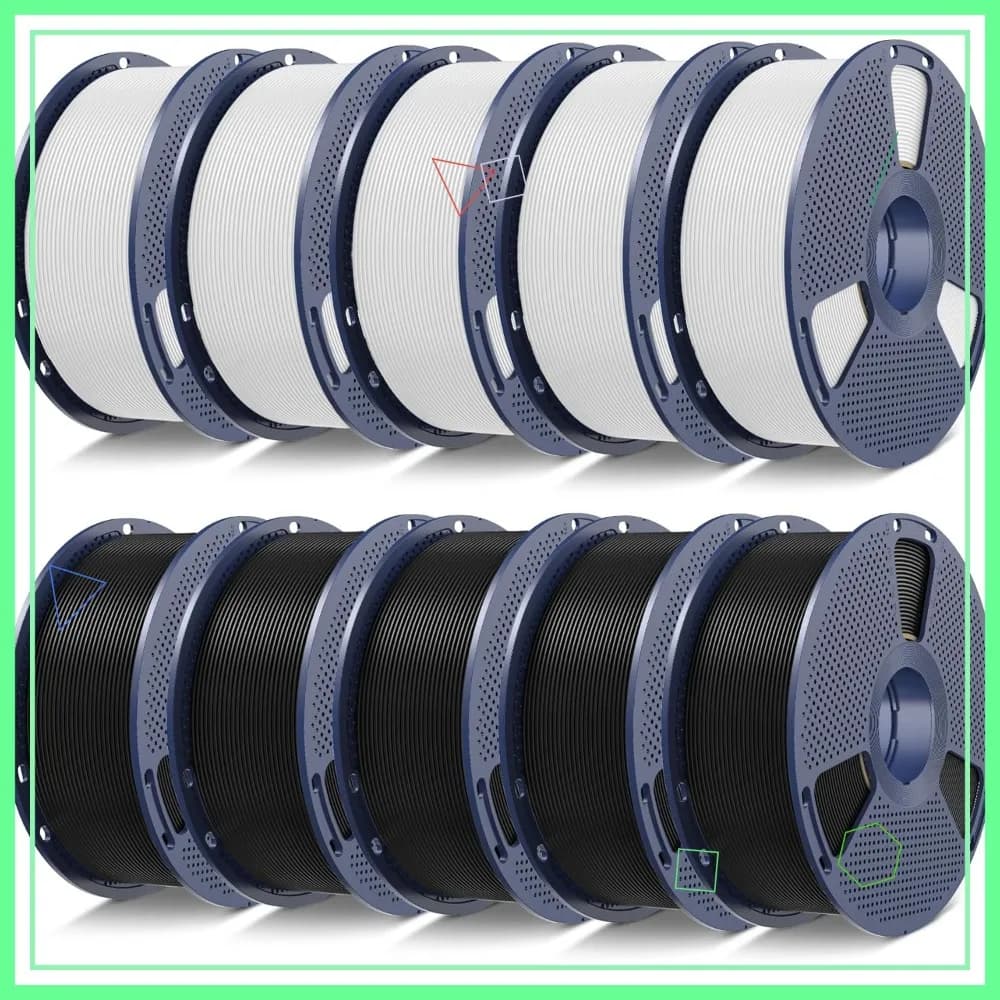 Filamento per Stampante 3D, Confezione da 10kg, PLA 1.75mm ±0.02mm, Sigillato Sottovuoto Singolarmente, 1kg per Bobina, 10 Pacchi (5 Neri + 5 Bianchi)