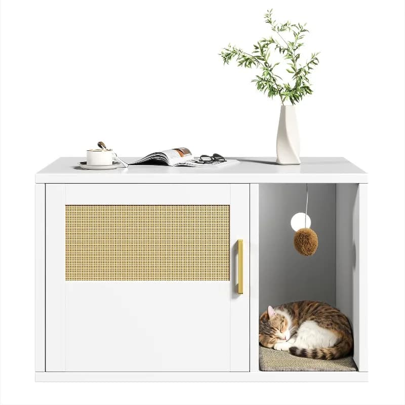Cat Litter Box Cabinet Multifunctional White Modern Cat House Washroom End Table for Bedroom Living Room