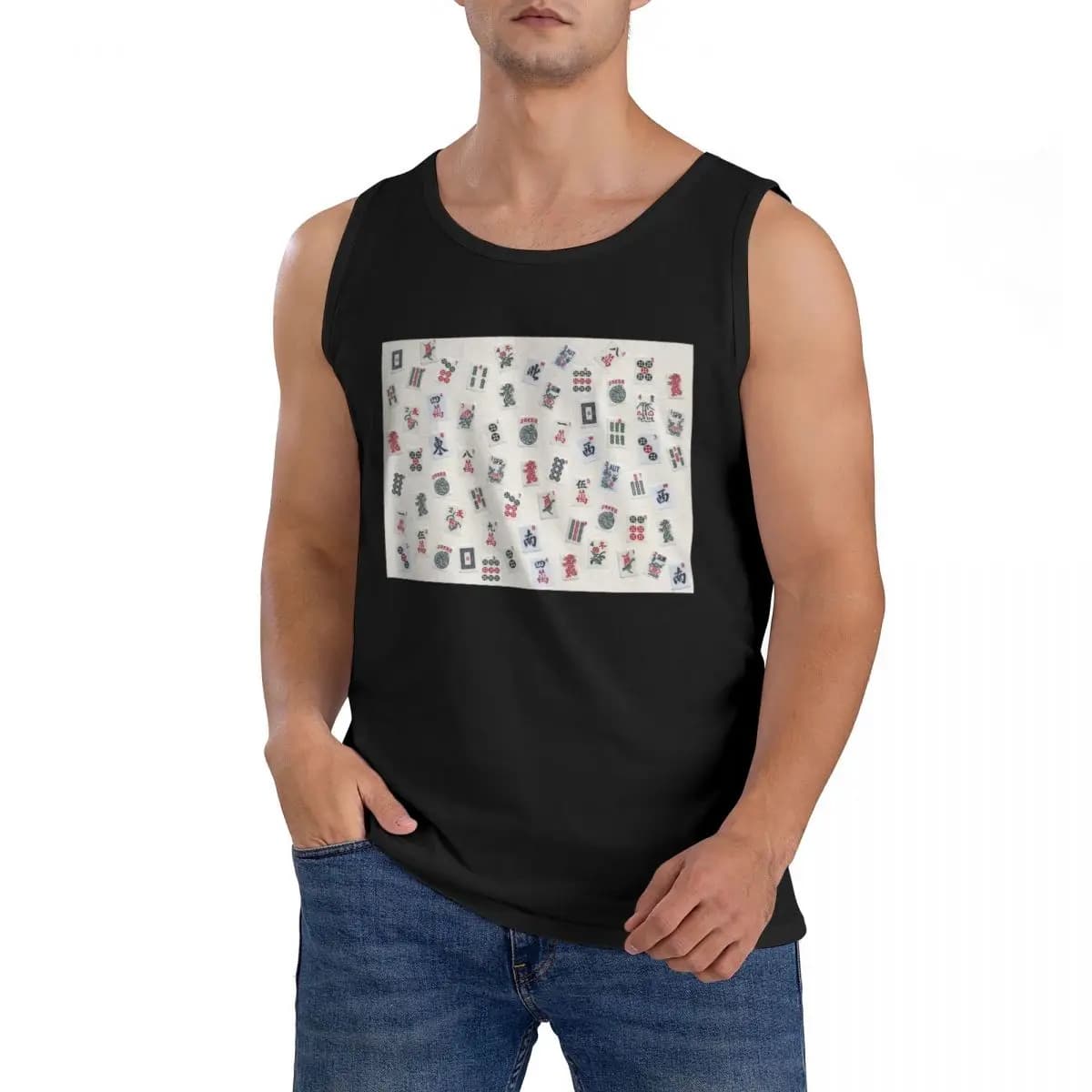 T-Shirt Senza Maniche 100% Cotone con Design Mahjong, Abbigliamento Sportivo da Uomo, Top per Allenamento, Canotta con Collo Rotondo