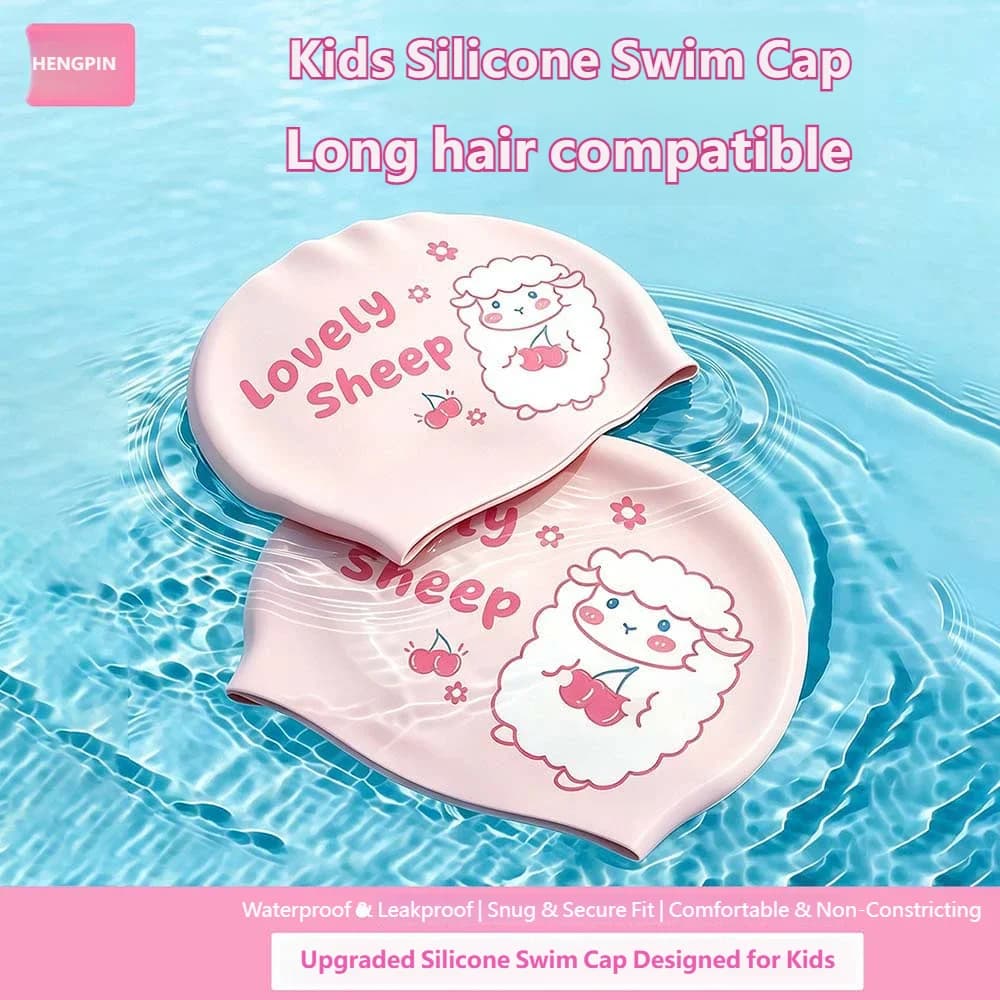 Children's cartoon swimming cap, silicone waterproof and sweat proof, close fitting long hair, girls' swimming pool equipment