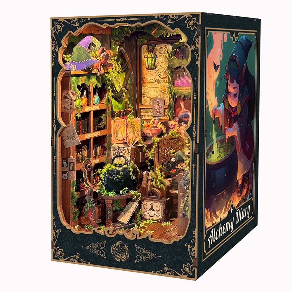 Fai da te Libro Nook Alchemy Diary Kit modello in miniatura in legno con fermalibri leggero Puzzle 3D Scaffale Decorazioni per la casa Amici Regali di compleanno