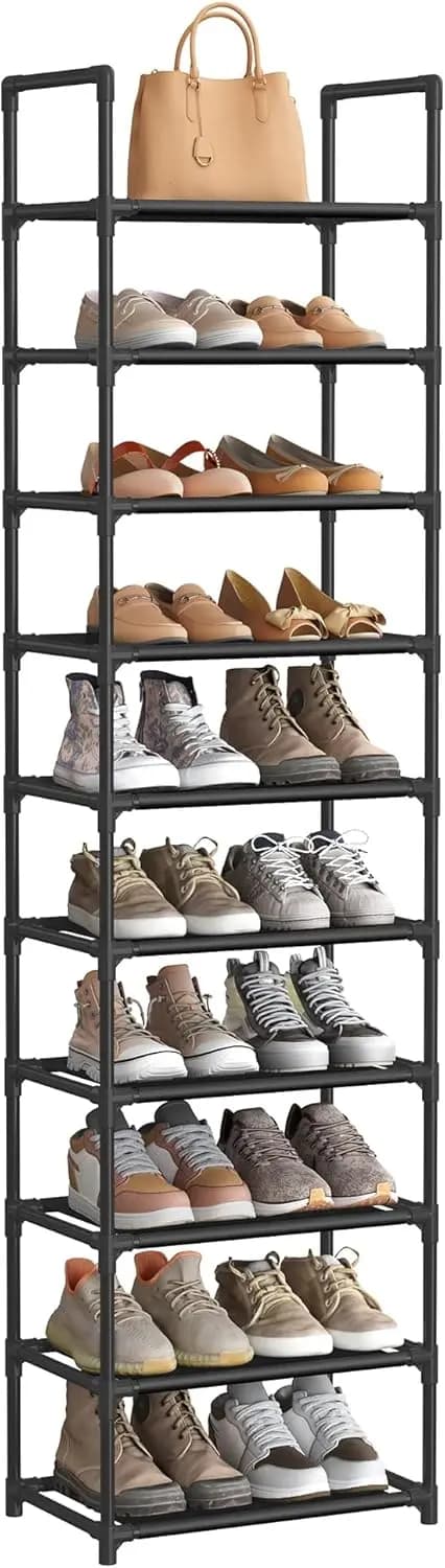 Shoe Rack, 10-Tier Shoe Shelf, Shoe Storage Organizer, 11 X 17.7 X 68 Inches, Metal Frame, Non-Woven Fabric Shelves, for Entryway, Bedroom, Black ULSH010B02