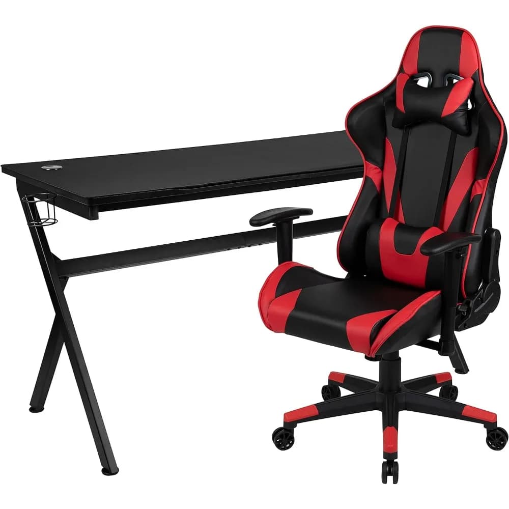 Set Tavolo da Gaming e Poltrona Reclinabile Rosso/Nero, con Portabicchieri, Gancio per Cuffie, Tappetino Mouse Staccabile e Gestione Cavi