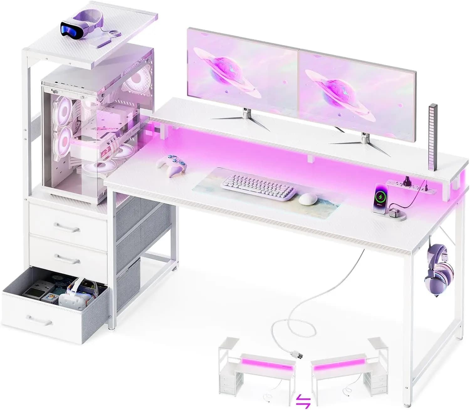 Scrivania da Gaming da 59 Pollici con Porte USB e Luce LED - Scrivania per Computer Reversibile con 3 Cassetti in Tessuto, Supporto Monitor, Supporto CPU