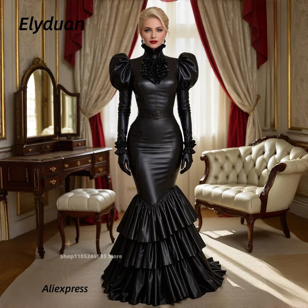 Shiny Black Mermaid Prom Dress Puff Sleeves Ruffles Long PVC Evening Gowns Maid Sissy Cosplay Party Costume Customized