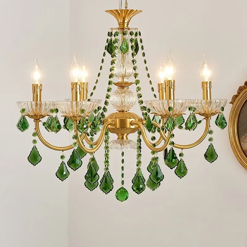 Lampadari da soggiorno in cristallo retrò francese in rame Rreen Lampadari di lusso per sala da pranzo Camera da letto Studio Lampade a sospensione a candela Lampade E14
