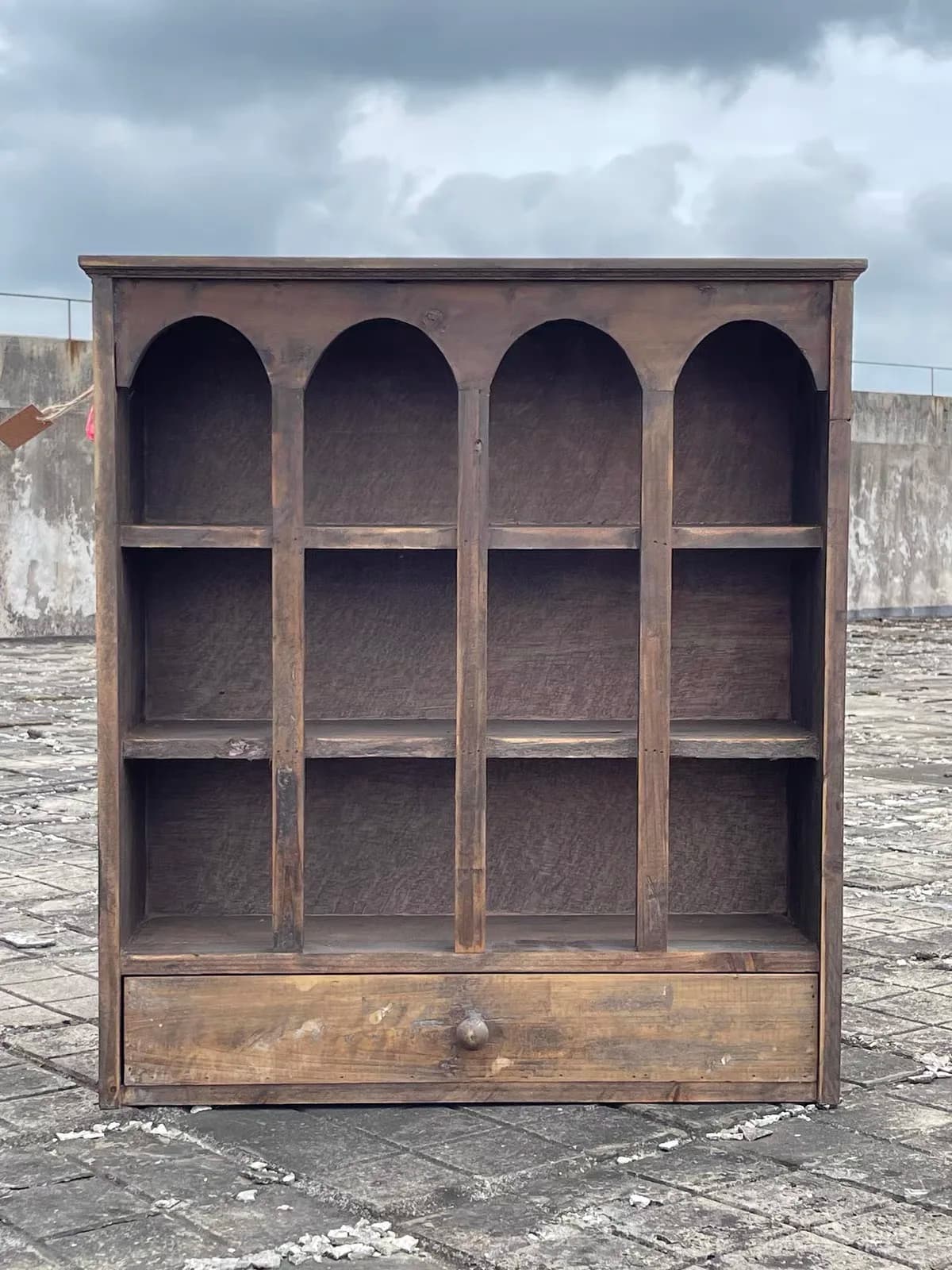 Handmade Vintage Fir Wood Wall Cabinet 12-Cubby Display Shelf with Drawer Rustic Wabi Sabi Tabletop Storage Organizer