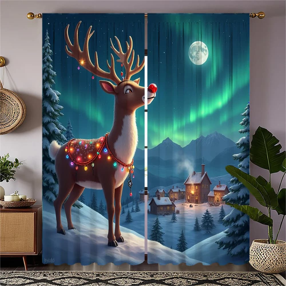 2pcs Festive Christmas Reindeer & Snow Forest Printed Curtains - High-Definition Digital Print, Green Scarf & Red Hat Design, Se
