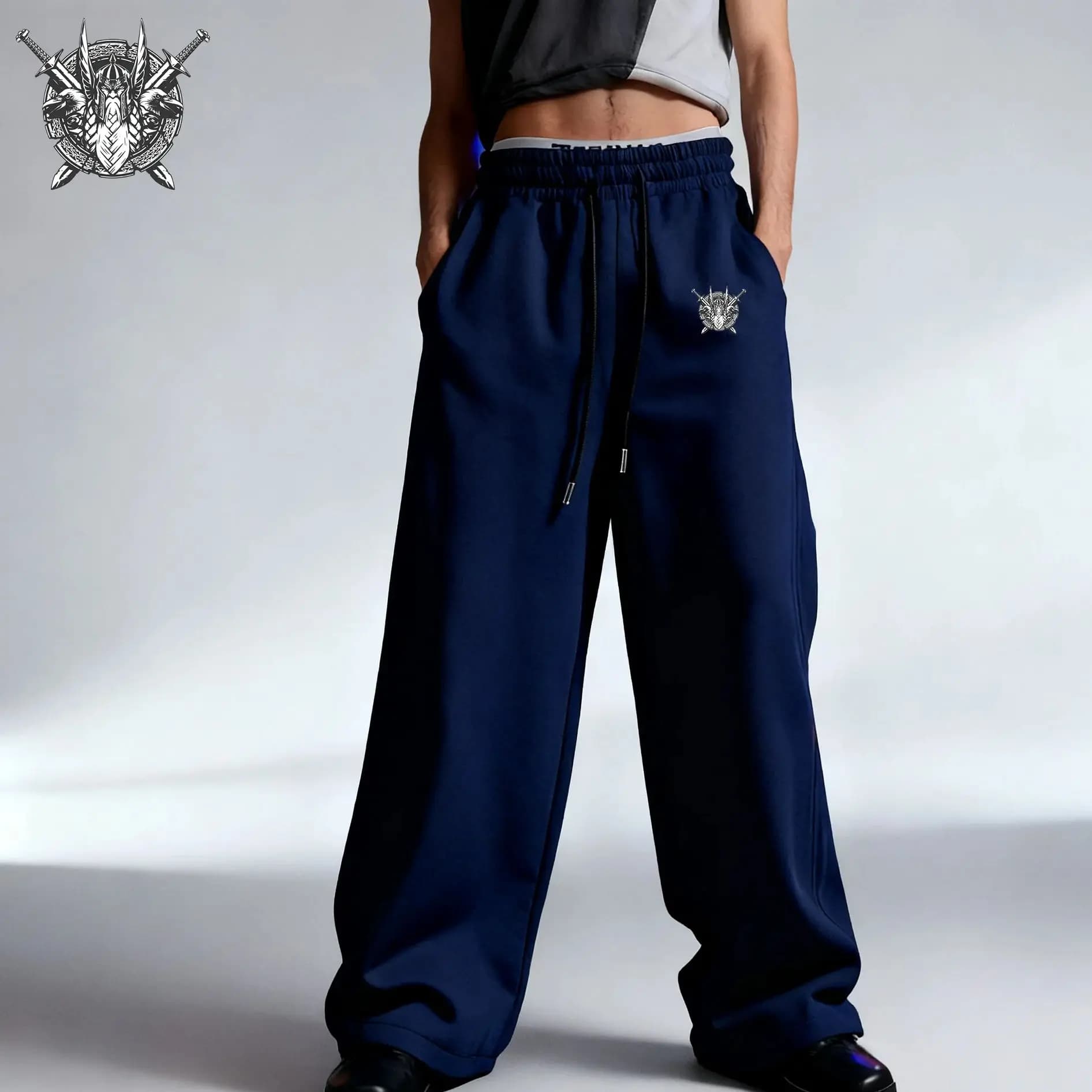 Men's Warrior print Sports Pants Autumn/Winter Male Solid Color Loose Fitting Leggings Running Training Casual Straight Trousers