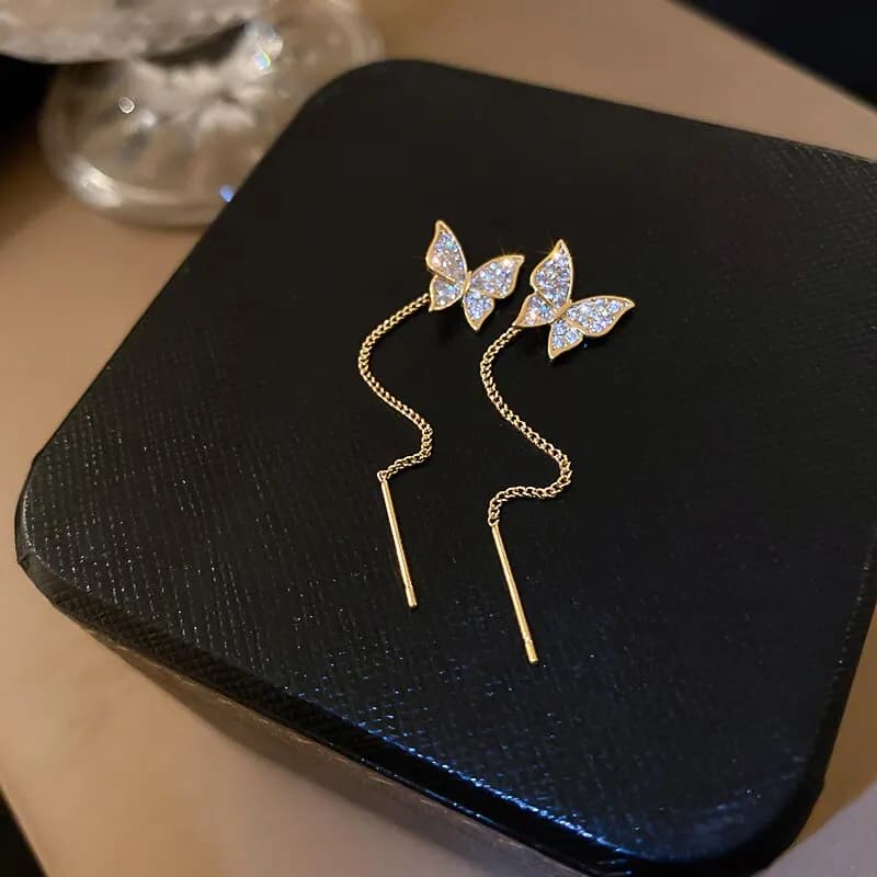 Butterfly Earrings Women Sparkly Rhinestone Long Tassel Earrings Heart Drop Earrings Wedding Party Jewelry Valentine Gifts K0