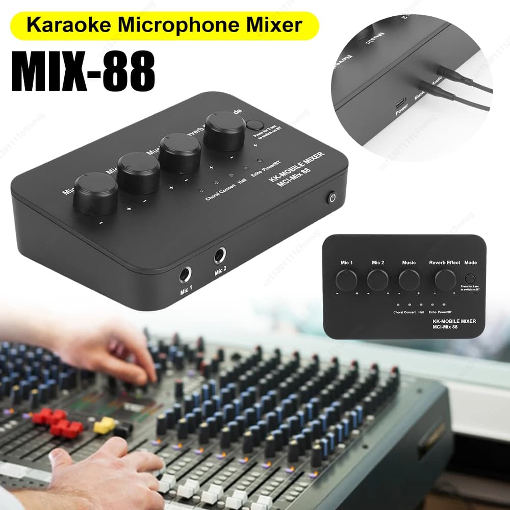 Mixer Audio Compatto per Karaoke con Connessione AUX IN/OUT e BT, Doppio Ingresso Microfono, Macchina Audio Digitale per TV/PC e Amplificatore