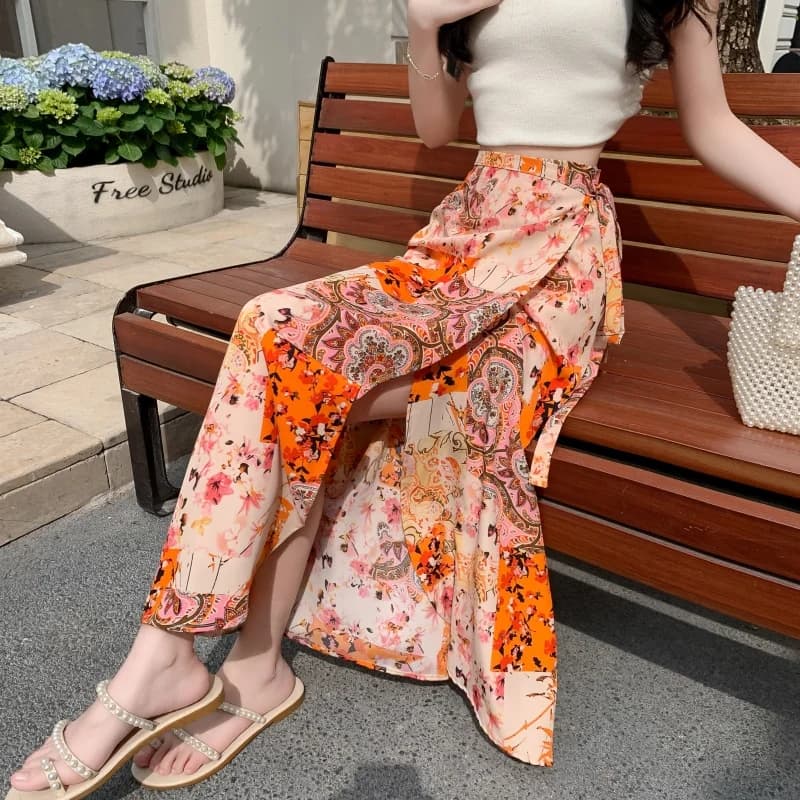 Gonna a Fascia da Donna Lunga al Ginocchio con Protezione Solare, Stampa Floreale Asimmetrica, Modello Estivo Monopezzo Lunghezza Midi