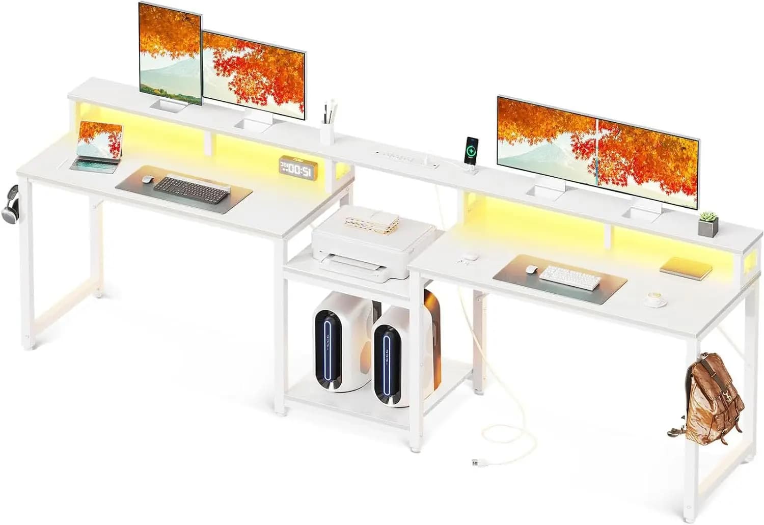 Scrivania da Gaming per 2 Persone da 98 Pollici con Ripiani Portaoggetti, Lunga Scrivania Doppia per Ufficio Domestico con Ricarica USB, Personalizzabile