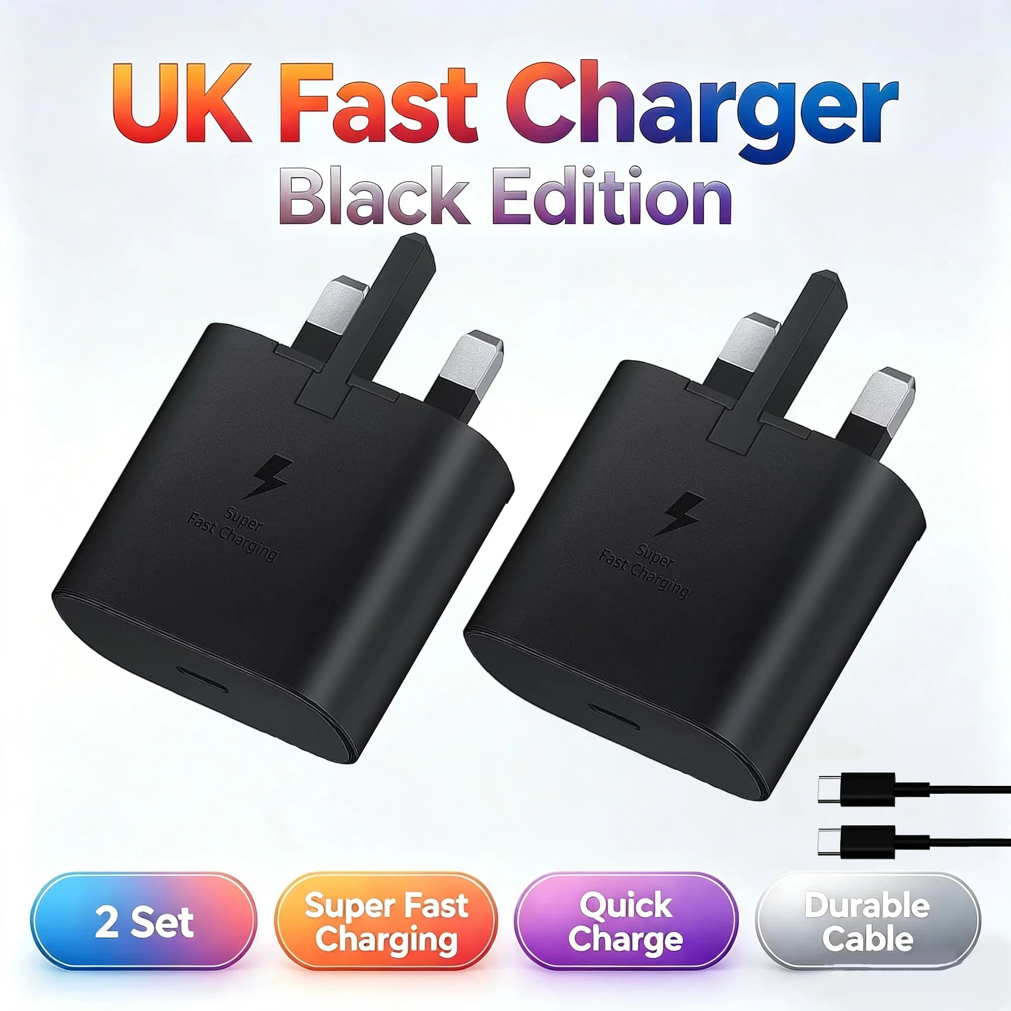 British standard charger 2PACK Fast Charger,Charger Plug and Cable 1M USBC to Type C Charging Lead for Galaxy for Samsung