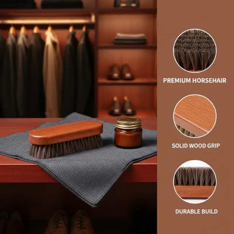 Spazzola Premium in Crine di Cavallo per Lucidatura Scarpe – Manico in Legno Artigianale per una Lucentezza Delicata su Scarpe Oxford, Parte del Kit Professionale per la Cura delle Calzature