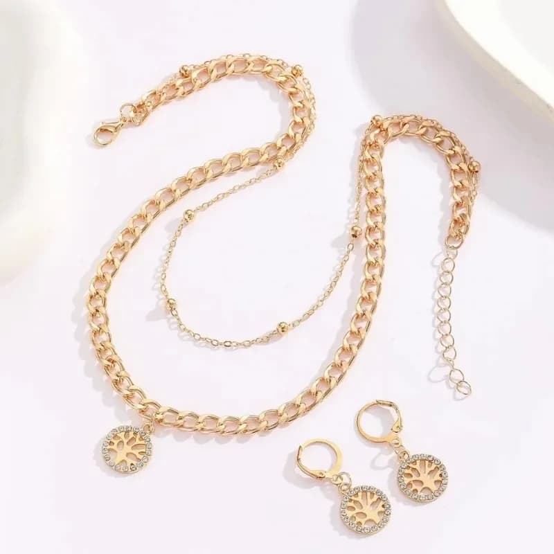 Set di collana e orecchini da donna color oro con albero della vita, ciondolo rotondo, gioielli di lusso, idea regalo
