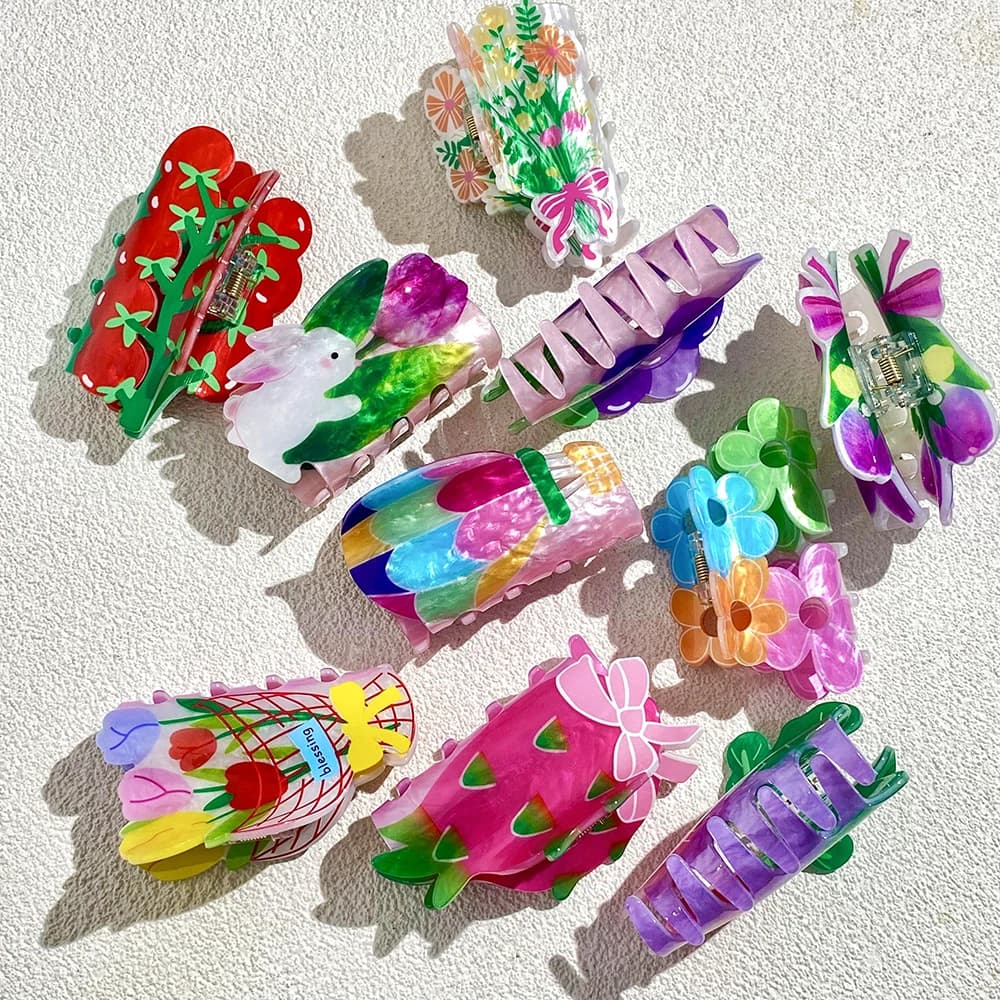 Artiglio per capelli grande stampato con fiore colorato uva coniglio per donna Y2K Nuovi accessori per capelli con forcina geometrica acrilica Graffiti