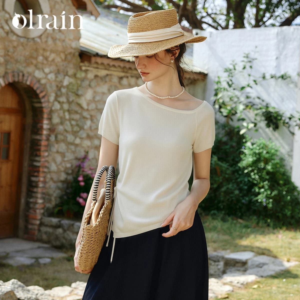 OLrain Asymmetrical Neck Short Sleeve Pullovers 2026 Summer French Drawstring Lace-up Waist Irregular Knit Top Women O58XZ008038