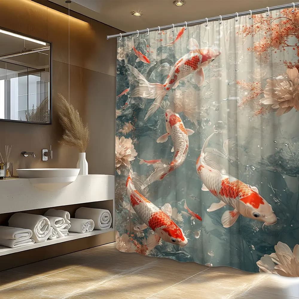 1 graziosa tenda da doccia Koi Fish con scena sottomarina serena, set di tende da doccia per bagni