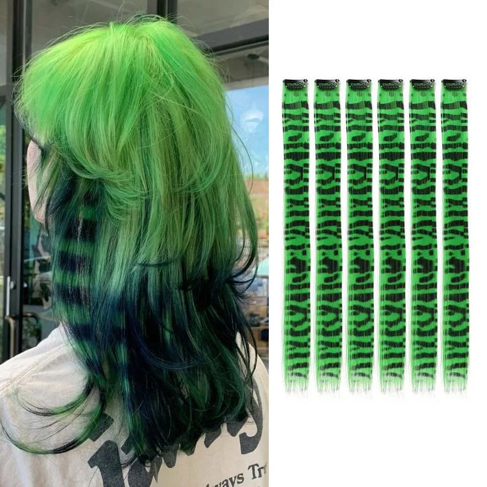 6 pezzi/set capelli stampati a strisce pezzi di capelli lunghi lisci colorati estensioni sintetiche dei capelli clip-in per l'uso quotidiano festa di Natale