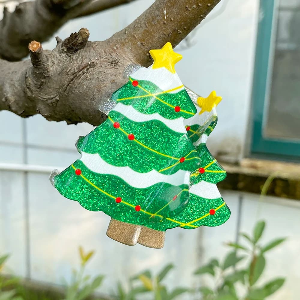 Christmas Tree Glitter Acrylic Hair Claw Clip Cute Festive Green Xmas Tree Banana Clip Women Holiday Party Hair Accessories