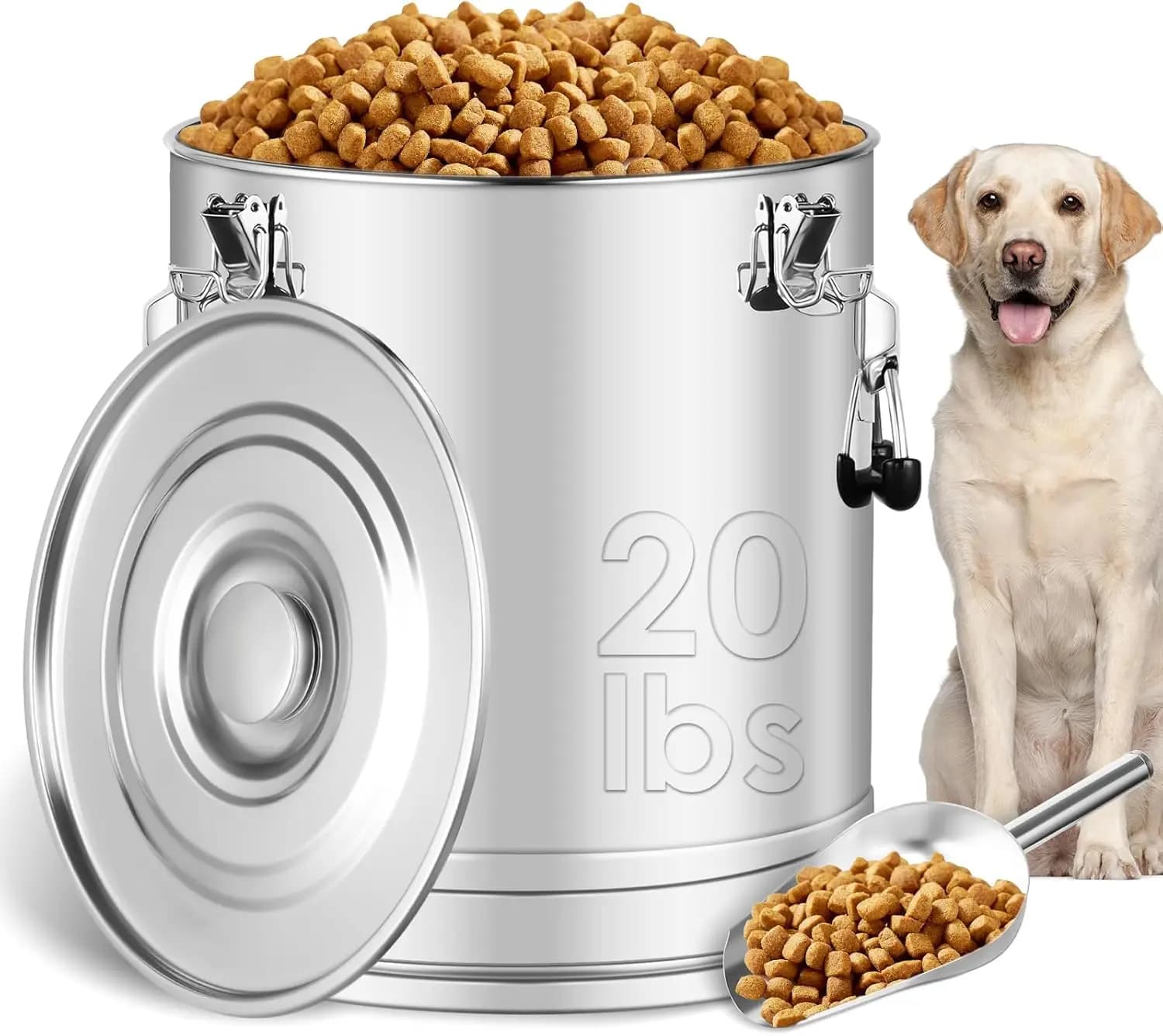 Contenitore ermetico per alimenti per animali domestici in acciaio inossidabile 304, 20-25 libbre, con paletta