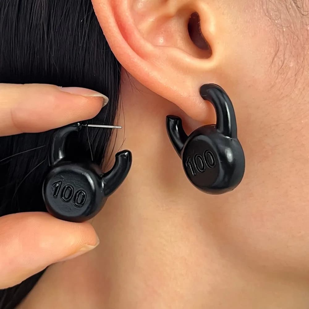 Creative Kettlebell Dumbbell Shape Stud Earrings Funny Sports Theme Black 3D Stereo Statement Earrings for Women Party Jewelry