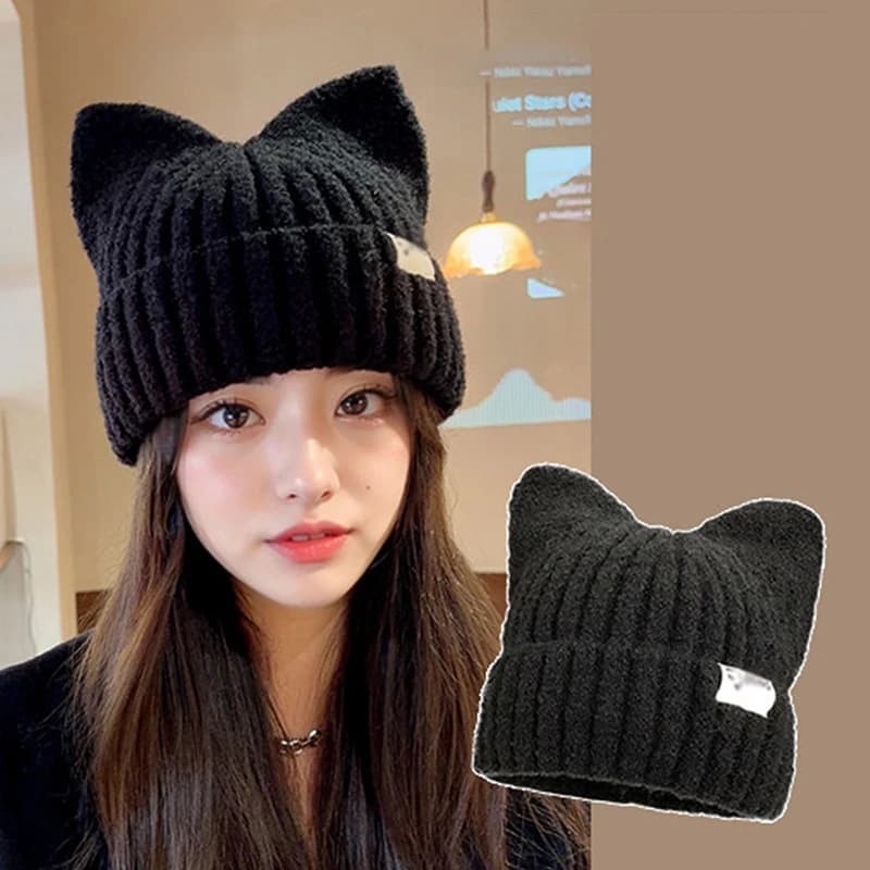 Simpatici berretti con orecchie di gatto per donna Autunno e inverno Protezione calda per le orecchie Cappelli lavorati a maglia pullover dolce e versatile